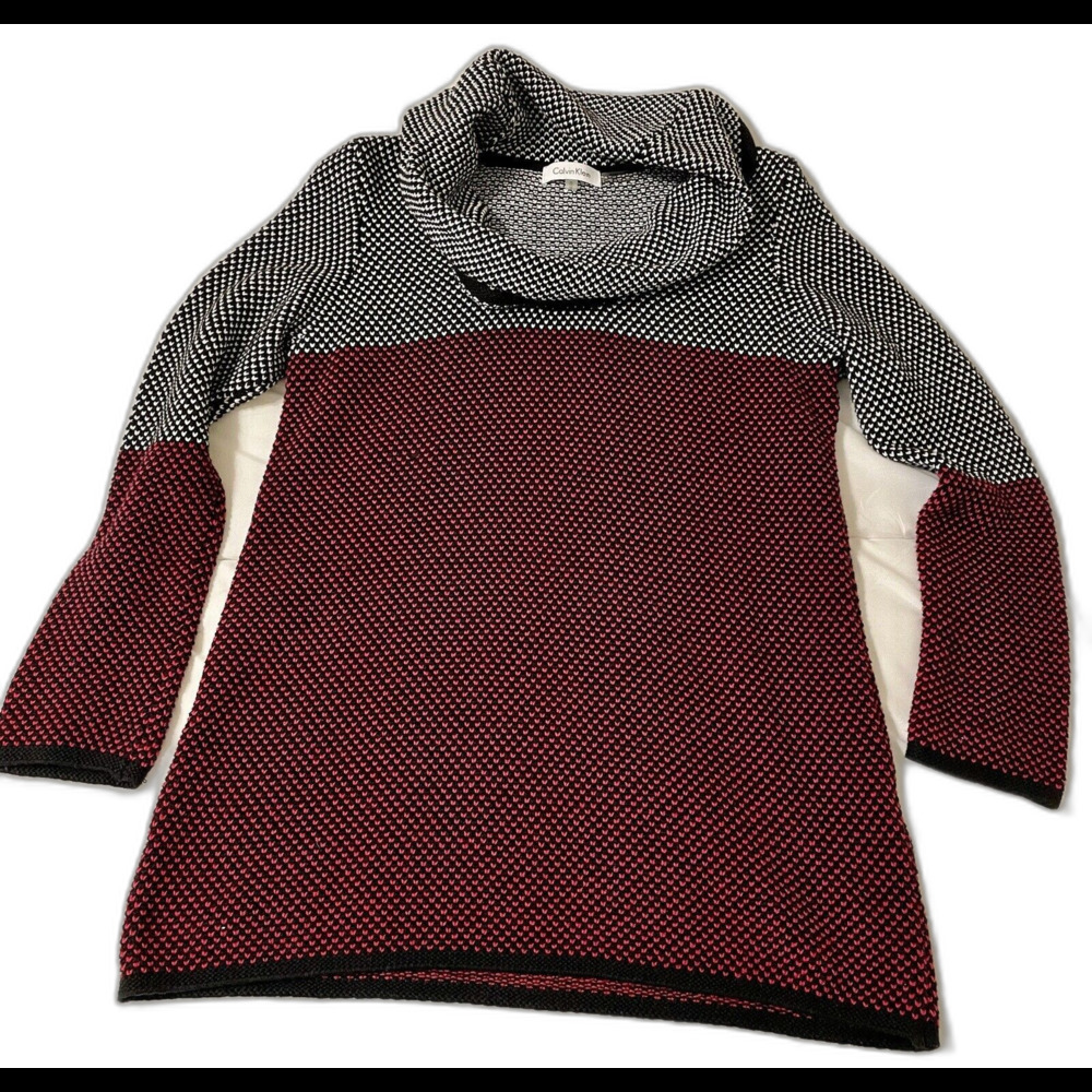 Calvin Klein Sweater Womens Size Small Black White Red Knit Cowl Neck